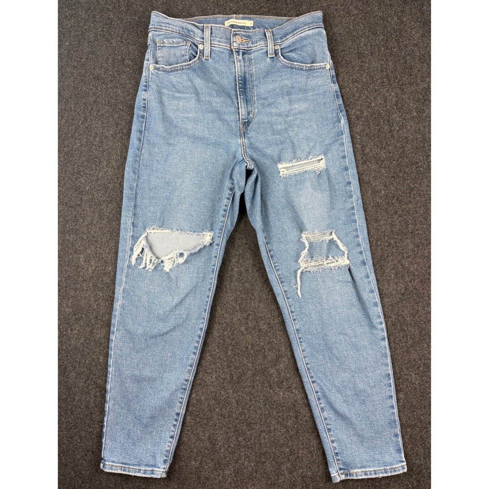 Levis High Waisted Mom Jeans 31 Distressed Medium Wash Blue Denim Tapered Leg